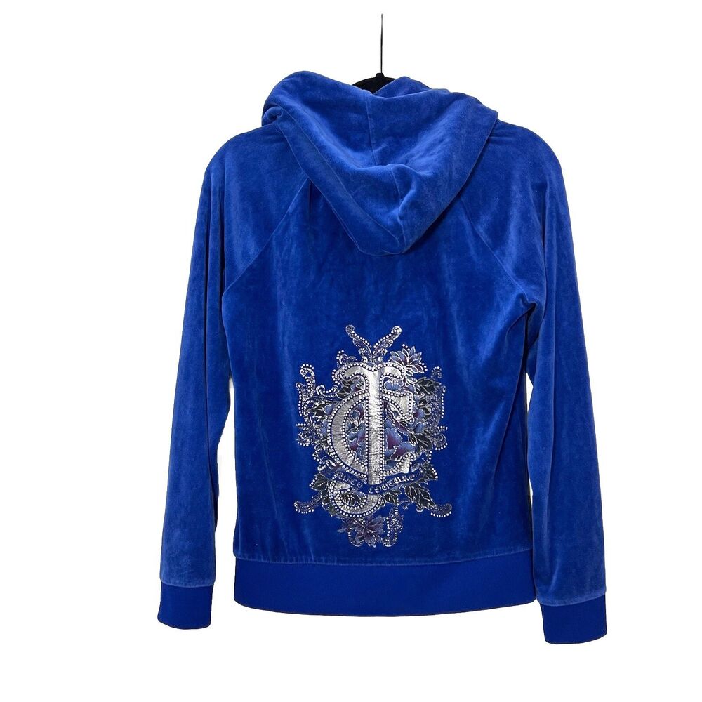 Juicy Couture Y2K Velour Sweatshirt Womens M Bling Metallic Hooded Royal‎ Blue